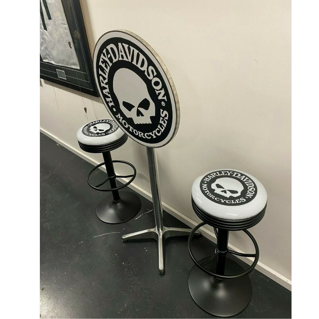 Harley Davidson Willy G Bar Table & 2 Stool Package Retro Bar Stools 