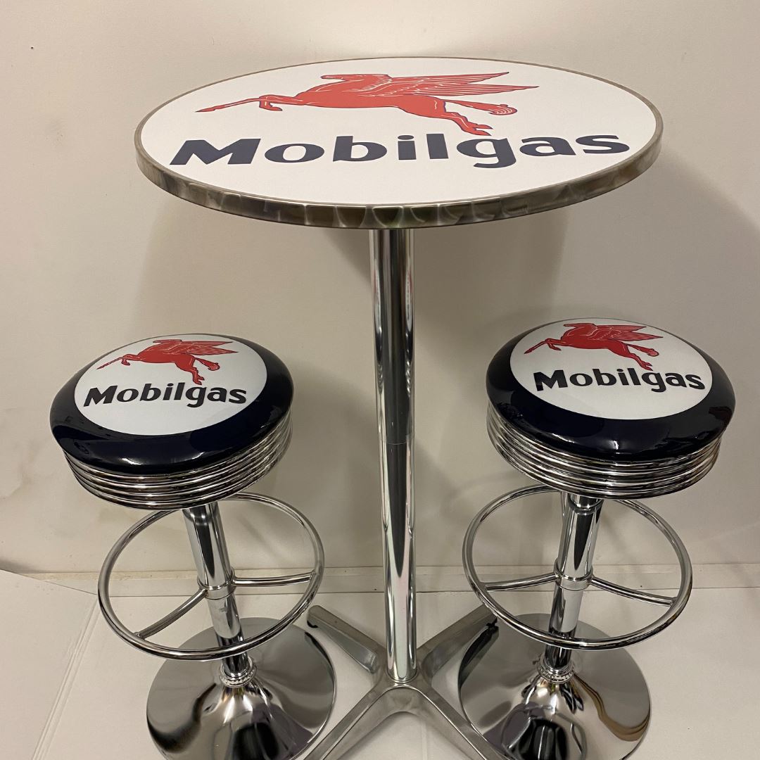 Mobil Gas Bar Table & 2 Stool Package Retro Design Retro Bar Stools 