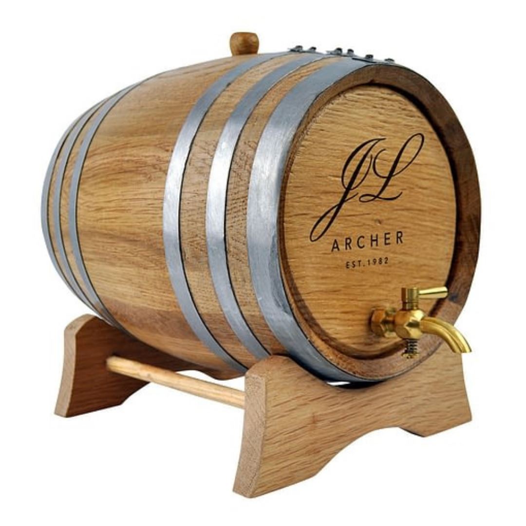 Oak Barrel Personalised Initials & Surname Design Drink Dispensers Steel 2L Brass Tap