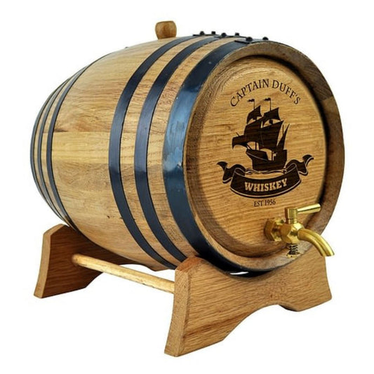 Oak Barrel with Personalised Captain Design Drink Dispensers Black 2L Brass Tap