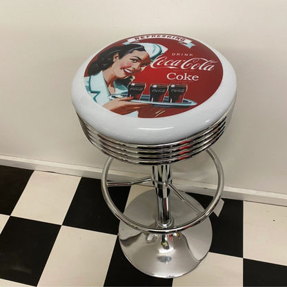 Coca Cola Coke Girl With Tray Silver Premium Retro Bar Stool Retro Bar Stools 
