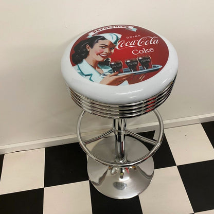 Coca Cola Coke Girl With Tray Silver Premium Retro Bar Stool Retro Bar Stools 